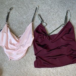 burgundy bodysuit and pink crop top